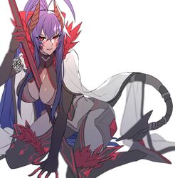  another_dark_mai antenna_hair backless_outfit bad_id bad_twitter_id bare_shoulders black_pants blazblue blazblue:_central_fiction blazblue_alternative:_dark_war blue_hair bow breasts cape colored_skin commentary_request dark_persona female gloves grey_skin hair_between_eyes hairbow halterneck highres holding holding_polearm holding_weapon horns large_breasts long_hair looking_at_viewer lowleg lowleg_pants mai_natsume outseal pants polearm ponytail red_bow red_eyes revealing_clothes ribbon roas01b sideboob sidelocks solo spear tail very_long_hair weapon white_cape 