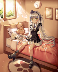  absurdres bed black_ribbon blunt_bangs blush clock facial_mark female girls&#039;_frontline green_eyes hair_ornament hair_ribbon haneiro hat highres hk416_(black_kitty&#039;s_gift)_(girls&#039;_frontline) hk416_(girls&#039;_frontline) indoors long_hair long_sleeves looking_at_viewer official_alternate_costume on_bed photoshop_(medium) pillow ribbon sitting socks solo stuffed_animal stuffed_toy teddy_bear very_long_hair white_hair window 