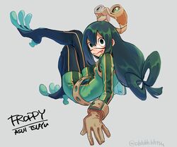  :&gt; asui_tsuyu boku_no_hero_academia brown_gloves character_name female frog_girl gloves goggles goggles_on_head green_eyes green_hair grey_background hair_between_eyes hair_rings long_hair low-tied_long_hair ohhhhhhtsu simple_background solo tongue tongue_out twitter_username 