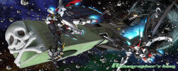  3d arcadia asteroid beam_gun crossbone_gundam crossbone_gundam_x-1 crossbone_gundam_x-1_full_cloth crossbow crossover flying gundam gundam_age gundam_age-2_darkhound harlock_saga lance mecha no_humans photoshop_(medium) pirate polearm robographer robot skull_and_crossbones super_robot_wars super_robot_wars_t uchuu_kaizoku_captain_harlock v-fin waga_seishun_no_arcadia weapon 