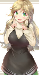  aru_(arudes) blush breasts female green_eyes green_hair green_pantyhose highres index_finger_raised inuyama_aoi large_breasts long_hair long_sleeves looking_at_viewer oerba_yun_fang open_mouth pantyhose skin_fang smile solo sweater thick_eyebrows white_sweater yurucamp 