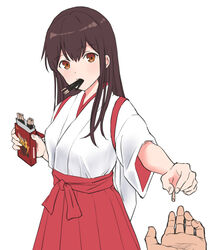  akagi_(kancolle) bad_id bad_twitter_id brown_eyes brown_hair commentary cowboy_shot female food food_in_mouth hakama hakama_skirt holding holding_food japanese_clothes kantai_collection kurage1 long_hair looking_at_viewer pocky red_skirt simple_background skirt solo_focus straight_hair tasuki valentine white_background 