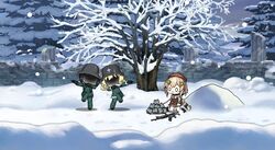  0_0 3girls assault_rifle beret black_hair blonde_hair blush_stickers brodie_helmet brown_hair chibi chito_(shoujo_shuumatsu_ryokou) coat combat_helmet commentary confused core_(girls&#039;_frontline) dab_(dance) day english_commentary expressionless faceless fn_fnc fnc_(girls&#039;_frontline) full_body fur_trim girls&#039;_frontline gloves gun hair_between_eyes hair_ornament hair_ribbon hat helmet highres jacket korean_commentary long_hair long_sleeves low_twintails military military_uniform multiple_girls open_mouth pose ribbon rifle saru_(style) shoujo_shuumatsu_ryokou shovel snow stahlhelm the_mad_mimic twintails uniform weapon yuuri_(shoujo_shuumatsu_ryokou) 