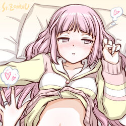  2girls artist_name belly blush clothes_lift female_pov hair_spread_out hand_up heart jewelry long_hair loungewear lying magia_record:_mahou_shoujo_madoka_magica_gaiden mahou_shoujo_madoka_magica multiple_girls nanami_yachiyo on_back on_bed out_of_frame pink_hair pov pov_hands ring shirt_lift solo_focus studiozombie tamaki_iroha tamaki_iroha_(pajamas_costume) thought_bubble upper_body yuri 