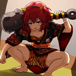  animal_print barefoot blush breasts club_(weapon) fake_horns female floral_print gojarun holding holding_club holding_weapon horns idolmaster idolmaster_cinderella_girls japanese_clothes kanabou kimono looking_at_viewer murakami_tomoe oni_horns open_mouth red_eyes red_hair sash short_hair solo spread_legs squatting tiger_print weapon 