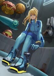  absurdres assault_visor bennopi blonde_hair blue_bodysuit blue_eyes bodysuit breasts closed_mouth commentary expressionless female full_body green_visor gun handgun helmet high_heels highres leaning_forward long_hair looking_at_viewer medium_breasts metroid metroid_prime mixed-language_commentary mole mole_under_mouth paralyzer ponytail samus_aran sitting skin_tight solo super_smash_bros. unworn_headwear unworn_helmet varia_suit weapon zero_suit 