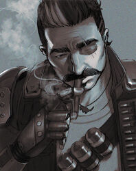  1boy apex_legends arm_behind_back daichi_midori explosive eyepatch facial_hair fuse_(apex_legends) grenade grey_background greyscale jacket jewelry looking_down male_focus mechanical_arms monochrome moustache multicolored_hair necklace portrait scar scar_across_eye shirt single_mechanical_arm solo soul_patch streaked_hair 