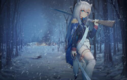  absurdres ahoge animal_ears blue_cape blue_jacket blush boots cape commentary_request copyright_request female fire forest frown gun hair_ornament hairclip highres holding holding_gun holding_sword holding_weapon jacket knee_boots long_hair long_sleeves looking_at_viewer nature night outdoors ray_(pixiv9514208) rifle shorts simple_background snow solo star_(symbol) star_hair_ornament sword tail tree virtual_youtuber weapon white_background white_footwear white_legwear white_shorts wolf_ears wolf_tail 