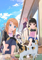  4girls :d ahoge animal black_hair black_jacket black_shorts blue_eyes blue_skirt blue_sky blunt_bangs bottle brown_eyes brown_hair camcorder closed_mouth clothesline cloud collarbone commentary_request day denim dolphin_shorts feline fence hair_ornament hairclip hand_on_own_hip hand_on_own_knee highres holding house jacket jeans laundry_basket long_hair max_melon medium_hair momonoki-ke_no_yonshimai multiple_girls open_mouth original outdoors outstretched_arm pants pink_shirt pleated_skirt porch power_lines purple_eyes purple_hair purple_shirt red_hair shirt short_hair short_shorts short_sleeves shorts skirt sky smile teeth tree upper_teeth_only utility_pole video_camera water_bottle white_shirt white_shorts window x_hair_ornament yellow_eyes 