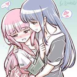  2girls arm_around_shoulder artist_name blue_hair blush braid embarrassed flying_sweatdrops heart kamihama_university_affiliated_school_uniform long_hair magia_record:_mahou_shoujo_madoka_magica_gaiden mahou_shoujo_madoka_magica multiple_girls nanami_yachiyo pink_hair school_uniform serafuku smile spoken_heart studiozombie tamaki_iroha thought_bubble upper_body yuri 