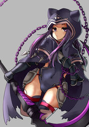  absurdres armor ass_visible_through_thighs black_capelet black_cloak black_gloves black_leotard braid breastplate capelet chains cloak collar covered_navel fate/grand_order fate_(series) female gloves grey_background hand_on_own_chest harpe highres hood kourou_(kouroukun) leotard long_hair medusa_(fate) medusa_(lancer)_(fate) ponytail purple_eyes purple_hair scythe simple_background solo thigh_gap thigh_strap thighhighs thighs weapon 