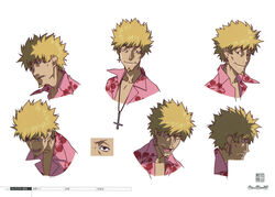  1boy anime_coloring bakemonogatari blonde_hair cross dark-skinned_male dark_skin earrings expressions hawaiian_shirt highres inverted_cross jewelry male_focus monogatari_(series) multiple_views official_art oshino_meme production_art profile reference_sheet scan seal_script shirt simple_background single_earring spiked_hair white_background zip_available 