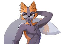  2023 anthro arm_tuft canid chest_tuft ear_piercing ear_ring elbow_tuft eyewear fur glasses grey_body grey_fur half-length_portrait hand_behind_head hi_res looking_at_viewer male mammal mouth_closed orange_body orange_ears orange_eyes orange_fur orange_tail piercing portrait ring_piercing solo tail tuft unknowhiter wearing_glasses 