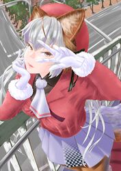  aburaeoyaji animal_ears female fox_ears fox_girl fox_tail gloves highres island_fox_(kemono_friends) kemono_friends kemono_friends_v_project long_hair looking_at_viewer multicolored_hair necktie ribbon shirt skirt smile solo tail virtual_youtuber 