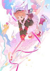  1boy antenna_hair balabling blue_ribbon brown_hair cardcaptor_sakura elbow_pads female flying green_eyes highres holding holding_wand inline_skates kero_(cardcaptor_sakura) kinomoto_sakura knee_pads long_sleeves magical_girl neckerchief open_mouth pastel_colors pink_ribbon ribbon roller_skates sailor_collar school_uniform short_hair short_twintails simple_background skates skirt star_(symbol) teeth tomoeda_elementary_school_uniform twintails upper_teeth_only wand white_background white_headwear white_neckerchief white_sailor_collar white_skirt 