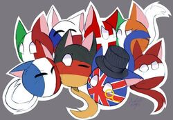  2016 ambiguous_gender annoyed austriaball better_version_at_source clothing countryballs cuddling denmarkball domestic_cat felid feline felis franceball germanyball great_britain grey_background group hat headgear headwear irelandball italyball mammal nations ninteamai simple_background sphere_creature surprise top_hat ukball 