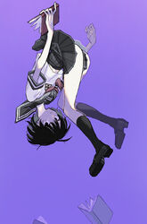  ass black_eyes black_footwear black_hair black_skirt black_socks book closed_mouth coppelion expressionless female floating highres kneehighs levitation loafers looking_at_viewer miniskirt navel pale_skin pleated_skirt purple_background radiation_symbol school_uniform serafuku shoes short_hair short_sleeves simple_background skirt socks solo tsuburaya_mana upside-down yoshioka_suke 