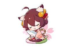  :d ahoge animal_ears bell blush bow brown_hair brown_hakama brown_kimono chibi closed_eyes commentary earrings female floral_background flot full_body hair_bell hair_between_eyes hair_ornament hairbow hakama hakama_skirt hugging_object ichihime japanese_clothes jewelry jingle_bell jingle_bell_earrings kimono long_sleeves mahjong_soul open_mouth red_bow seiza short_hair sitting skirt sleeves_past_wrists smile solo stuffed_animal stuffed_fish stuffed_toy white_background wide_sleeves 