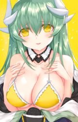  aqua_hair bad_id bad_pixiv_id bare_shoulders bikini blush breasts cleavage collarbone detached_collar fate/grand_order fate_(series) female frilled_bikini frills hair_between_eyes hands_on_own_chest highres horns japanese_clothes kimono kiyohime_(fate) kiyohime_(swimsuit_lancer)_(fate) kiyohime_(swimsuit_lancer)_(first_ascension)_(fate) large_breasts long_hair looking_at_viewer morizono_shiki off_shoulder open_clothes open_kimono parted_lips simple_background smile solo swimsuit upper_body yellow_background yellow_bikini yellow_eyes 