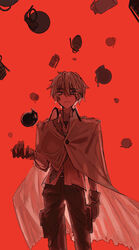  1boy belt_buckle blue_eyes buckle cape closed_mouth coppelion cowboy_shot epaulettes explosive expressionless gloves grenade highres kurosawa_haruto looking_at_viewer male_focus necktie pants red_background red_theme simple_background sleeves_rolled_up standing white_hair yoshioka_suke 