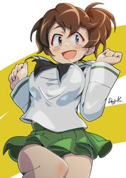  :d absurdres artist_name black_neckerchief black_ribbon blouse blush brown_eyes brown_hair cowboy_shot female girls_und_panzer green_skirt hair_ribbon highres koyama_yuzu kuroneko_douji leg_lift long_sleeves looking_at_viewer medium_hair neckerchief ooarai_school_uniform pleated_skirt ribbon sailor_collar school_uniform serafuku shirt short_ponytail skirt smile solo white_sailor_collar white_shirt 