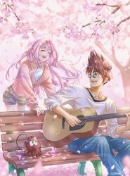  1boy ^_^ akira_ituki bench blue_pants brown_eyes brown_hair brown_shorts closed_eyes female floating_hair flower glasses guvava hair_behind_ear instrument long_hair macross macross_7 music mylene_jenius nekki_basara pants petals pink_flower pink_hair pink_sweater playing_instrument pointy_ears round_eyewear shirt shorts sitting smile sweater tail white_shirt 