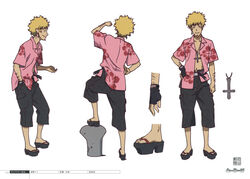  1boy anime_coloring arm_hair bakemonogatari black_footwear blonde_hair cross dark-skinned_male dark_skin facial_hair fingerless_gloves from_behind from_side full_body gloves goatee hand_in_pocket hawaiian_shirt highres inverted_cross inverted_cross_earrings inverted_cross_necklace male_focus monogatari_(series) multiple_views official_art open_clothes open_shirt oshino_meme pink_shirt platform_footwear production_art reference_sheet sandals scan seal_script shirt shorts simple_background single_glove talking turnaround white_background zip_available 