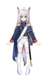  absurdres ahoge animal_ears blue_cape blue_jacket blush boots cape commentary_request copyright_request female french_flag full_body grey_hair hair_ornament hairclip highres jacket knee_boots long_hair long_sleeves looking_at_viewer ray_(pixiv9514208) shorts simple_background smile solo star_(symbol) star_hair_ornament virtual_youtuber white_background white_footwear white_legwear white_shorts wolf_ears 