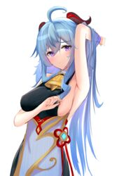  absurdres ahoge arm_up armpits bare_arms bell blue_hair blush bodystocking breasts clothes_pull cowboy_shot eugle_na female flower_knot ganyu_(genshin_impact) genshin_impact hair_between_eyes hand_in_own_hair highres horns large_breasts long_hair looking_at_viewer no_gloves parted_lips pulling_own_clothes purple_eyes red_ribbon ribbon sideboob sleeveless solo teasing twitter_username underbust very_long_hair vision_(genshin_impact) 