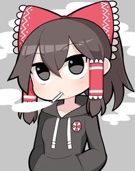  black_eyes black_hoodie blush bow brown_hair chibi cigarette collarbone commentary cookie_(touhou) drawstring female grey_background hair_between_eyes hair_tubes hairbow hakurei_reimu hands_in_pocket hood hood_down hoodie hospital_king long_hair looking_at_viewer maru_(cookie) mouth_hold red_bow resident_evil sidelocks simple_background smoke smoking solo touhou umbrella_corporation_(logo) upper_body 