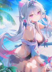  absurdres bare_shoulders bikini black_bikini blue_sky breasts bright_pupils cleavage closed_mouth cloud commentary english_commentary female floating_hair hair_between_eyes hair_ornament highres honkai_(series) honkai_impact_3rd kagefumi long_hair looking_at_viewer medium_breasts off_shoulder official_alternate_costume outdoors ponytail purple_eyes sky smile solo swimsuit thelema_nutriscu thelema_nutriscu_(roseate_summer) thigh_strap very_long_hair white_pupils 