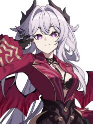  absurdres black_bra black_gloves black_horns black_skirt bra breasts chinese_commentary commentary_request fake_horns female gloves hair_intakes highres honkai_(series) honkai_impact_3rd horns large_breasts long_hair looking_at_viewer official_alternate_costume purple_eyes red_shirt shirt simple_background skirt smile solo thelema_nutriscu underwear very_long_hair white_background white_hair xixuan_z 