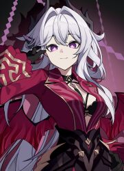  absurdres black_bra black_gloves black_horns black_skirt bra breasts chinese_commentary commentary_request fake_horns female gloves hair_intakes highres honkai_(series) honkai_impact_3rd horns large_breasts long_hair looking_at_viewer official_alternate_costume purple_background purple_eyes red_shirt shirt skirt smile solo thelema_nutriscu underwear very_long_hair white_hair xixuan_z 