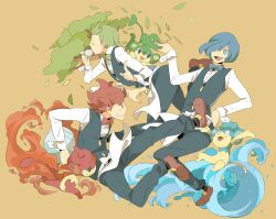  3boys blue_hair bow bowtie brothers chili_(pokemon) cilan_(pokemon) commentary_request cress_(pokemon) cup drinking fire green_hair hair_over_one_eye kicking kinari male_focus multiple_boys panpour pansage pansear photoshop_(medium) pokemon pokemon_(creature) pokemon_bw red_hair siblings teacup traditional_bowtie tray tree waiter water 