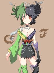  asymmetrical_clothes belt breasts cleavage commentary_request facial_mark female hair_ornament japanese_clothes kamen_rider kamen_rider_double kamen_rider_w kimono medium_breasts multicolored_hair personification red_eyes rider-tan solo wassan_(hakuwashi) 