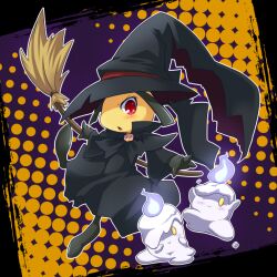  blush brooch broom clothed_pokemon commentary_request dress halloween hat jewelry litwick mawile no_humans pokemon pokemon_(creature) red_eyes ukan_muri witch witch_hat 