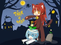  +_+ 2girls akemi_homura alternate_costume animal_costume animal_ears animal_hands bad_id bad_pixiv_id bandages blue_background blue_eyes blue_hair bow cat_costume cat_ears charlotte_(madoka_magica) costume devilsan dripping_eye flower flower_on_head grave hair_ornament hairbow halloween halloween_costume kaname_madoka kemonomimi_mode long_hair madoka_runes mahou_shoujo_madoka_magica mahou_shoujo_madoka_magica_(anime) miki_sayaka moon multiple_girls ponytail red_eyes red_hair sakura_kyoko silhouette skull_hair_ornament sparkling_eyes tomoe_mami trick_or_treat walpurgisnacht_(madoka_magica) zombie 