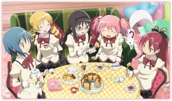  5girls akemi_homura black_hair blonde_hair blue_hair bow braid cake cookie couch cushion drill_hair food glasses good_end hairband hairbow kaname_madoka kyuubee long_hair mahou_shoujo_madoka_magica mahou_shoujo_madoka_magica_portable miki_sayaka mitakihara_school_uniform multiple_girls official_art pink_hair ponytail red-framed_eyewear red_hair sakura_kyoko school_uniform short_twintails sugar_bowl taniguchi_jun&#039;ichirou tea tea_set tomoe_mami twin_braids twin_drills twintails 