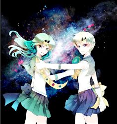  2girls akatsuki_(yaneura_alice) back_bow bishoujo_senshi_sailor_moon blonde_hair blue_eyes blue_sailor_collar blue_skirt bow commentary_request deep_aqua_mirror gloves green_hair kaiou_michiru long_hair magical_girl mirror multiple_girls neptune_symbol outer_senshi pleated_skirt sailor_collar sailor_neptune sailor_senshi sailor_senshi_uniform sailor_uranus short_hair skirt smile space_sword sword ten&#039;ou_haruka tiara very_short_hair weapon white_gloves yellow_bow 