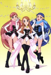  3girls absurdres blue_hair boots brown_hair double-h_(mawaru_penguindrum) elbow_gloves gloves hand_on_own_hip hands_on_own_hips highres imageboard_desourced isora_hibari legs long_hair long_legs mawaru_penguindrum multiple_girls nishigaki_shouko non-web_source nyantype official_art open_mouth pink_hair scan scarf takakura_himari thigh_boots thighhighs utada_hikari v very_long_hair 