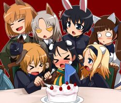  &gt;_&lt; 502nd_joint_fighter_wing 6+girls aleksandra_i._pokryshkin animal_ears bandaid bandaid_on_face bear_ears bear_girl black_hair blonde_hair blue_eyes blush brave_witches brown_hair cake cat_ears cat_girl chair closed_eyes dog_ears dog_girl edytha_rossmann food fork fox_ears fox_girl georgette_lemare grey_hair gundula_rall hair_ribbon hat kanno_naoe long_hair military multiple_girls nikka_edvardine_katajainen null_(nyanpyoun) o_o oerba_yun_fang open_mouth out_of_frame rabbit_ears rabbit_girl ribbon scarf shimohara_sadako short_hair table twintails uniform waltrud_krupinski wolf_ears wolf_girl world_witches_series 