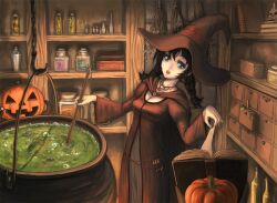  bad_id bad_pixiv_id black_hair blue_eyes book braid breasts burunuu_(bullnukko) cape cauldron cleavage female hat jack-o&#039;-lantern jewelry looking_at_viewer magic_research medium_breasts necklace open_mouth original pumpkin pumpkin_hat solo twin_braids witch witch_hat 