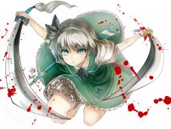  alternate_eye_color bad_id bad_pixiv_id blood blood_splatter bloomers bow bowtie colorized dress dual_wielding female flower frilled_skirt frills green_eyes grey_hair hair_ribbon hairband highres holding katana knees konpaku_youmu purdre ribbon sheath short_hair simple_background skirt skirt_set solo sword toron_(mino106) touhou underwear weapon white_background white_hair 