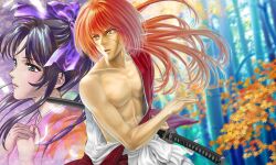  1boy black_hair blurry bow commentary_request depth_of_field female hairbow hands_on_own_chest himura_kenshin japanese_clothes kamiya_kaoru katana kimono open_mouth orange_eyes red_hair rurouni_kenshin scar sheath sword tougami weapon 