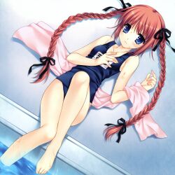  absurdres aquarian_age bare_legs barefoot blue_eyes blush braid brown_hair embarrassed feet female hair_ribbon highres legs lying on_back one-piece_swimsuit ribbon scan school_swimsuit shy solo swimsuit tatekawa_mako towel twin_braids twintails wet 