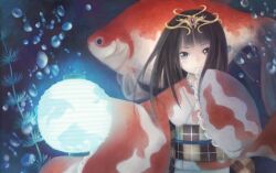  air_bubble bad_id bad_pixiv_id black_hair brown_eyes bubble circlet dot_nose female fish goldfish japanese_clothes lantern original paper_lantern personification photoshop_(medium) smile solo taka_(tsmix) underwater 