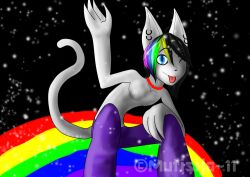  blue_eyes bottomwear bulge cameleont clothed clothing commander_ledi domestic_cat ear_piercing felid feline felis femboy hair looking_at_viewer male mammal multicolored_hair one_eye_closed pants piercing purple_clothing rainbow rainbow_hair sitting smile solo star tongue tongue_out topless wink 