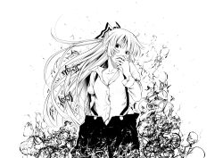  akino_sora bow cigarette commentary_request female fire fujiwara_no_mokou greyscale hairbow highres long_hair monochrome pants photoshop_(medium) ribbon smoke solo suspenders touhou very_long_hair 