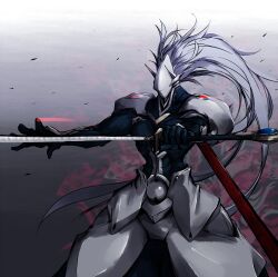  1boy armor blazblue commentary_request crest grey_hair hakumen highres long_hair male_focus solo sword vane_(vane0) very_long_hair weapon 