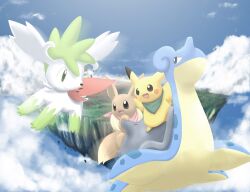  bandana bandana chunsoft cloud clouds eevee fushigi_no_dungeon lapras mystery_dungeon no_humans open_mouth pikachu pokemon shaymin sky smile water 